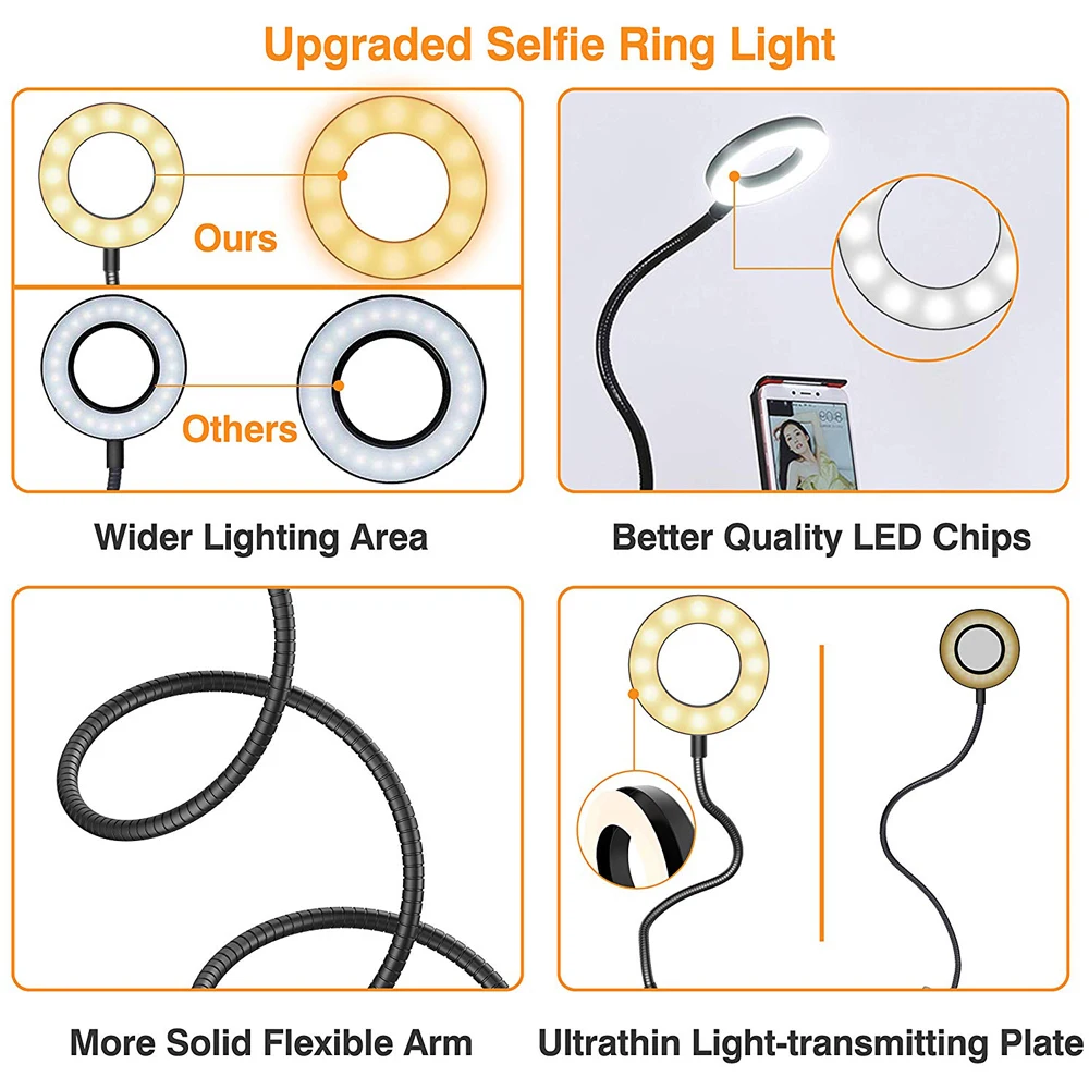 

Clip On Led Selfie Ring Light With Cell Phone Holder Flexible Dimmable Make up Lamp Desk Table Lamp Photo Studio For Live Stream