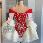 Милое красное Тюлевое короткое платье с оборками, роскошные мини-платья на выпускной с кристаллами и расклешенными рукавами, платье принцессы с бантом и цветами вечерние ринки