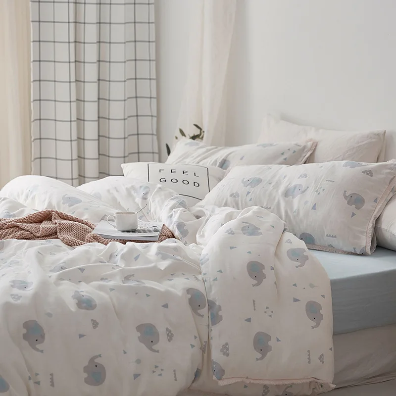 

Pure Cotton Gauze Double Layer Gauze Bedding Set Mother and Baby Cotton Printed Quilt Cover Pillowcase Solid Color Bed Sheet