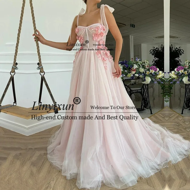 

Eightale Pink Prom Dresses 2021 Spaghetti Strap Flowers A-Line Girl Party Dress for Graduation Evening Gown robe de soire