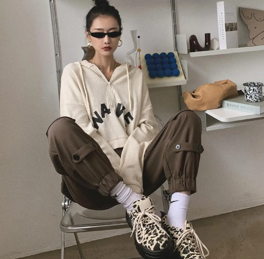 

EasyGarment Spring Autumn Winter New Waffle Half Zip Short Crop Top Hoodie Streetwear Hip Hop Korean Loose Jacket Hoodie