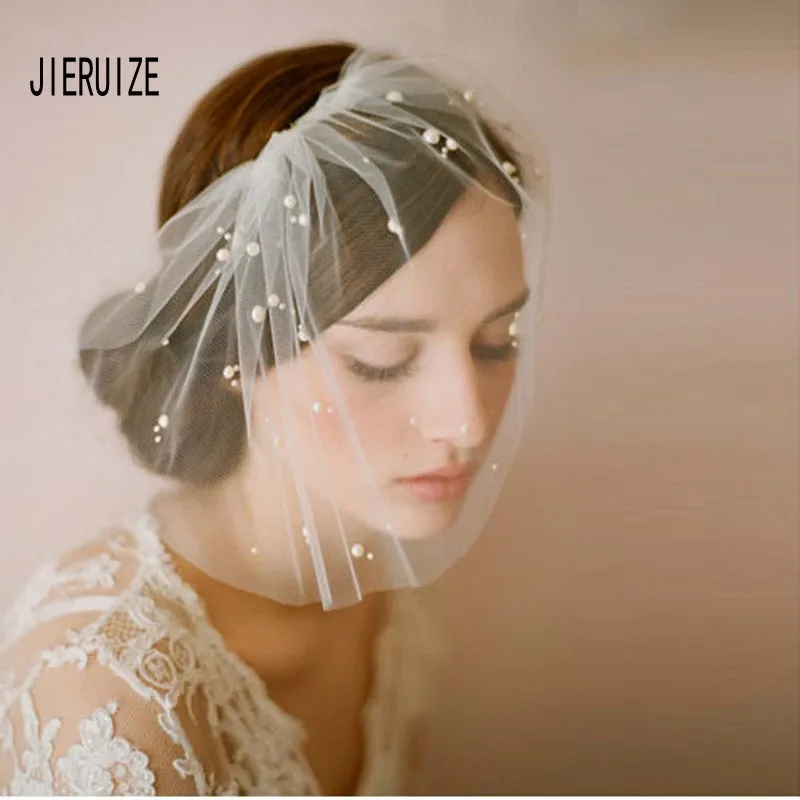 Фата для невесты JIERUIZE короткая сетчатая фата с жемчугом закрывающая лицо гребнем