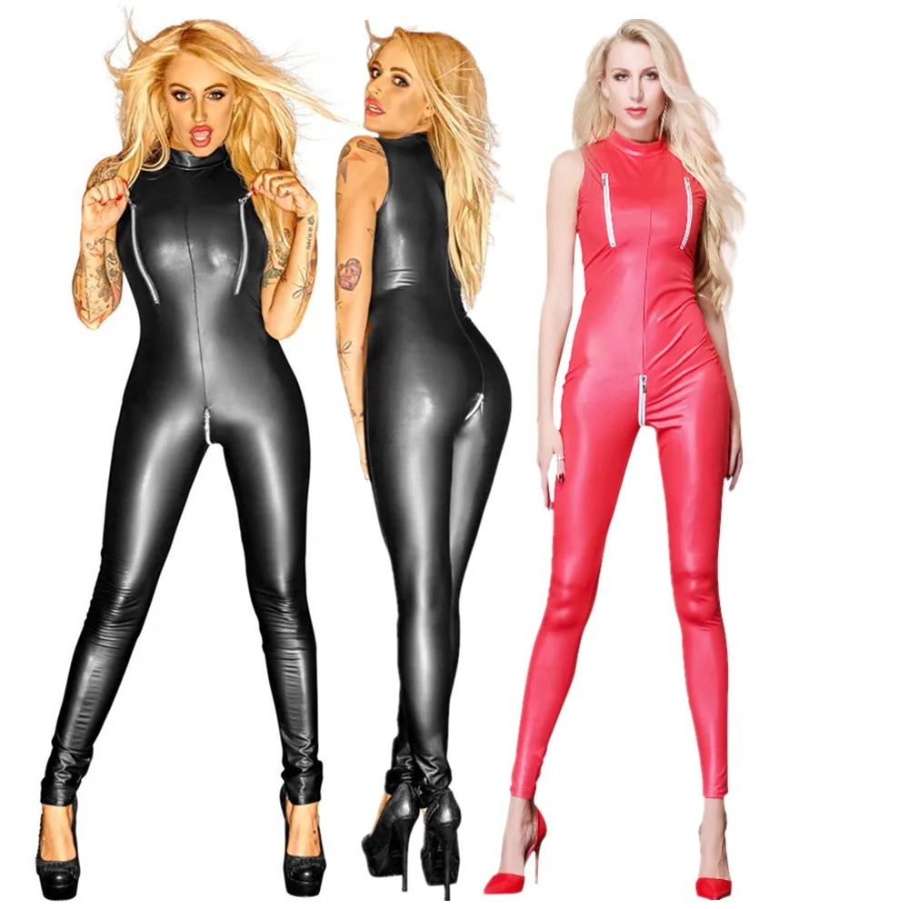Черный красный комбинезон из искусственной кожи на молнии латекс клубный костюм