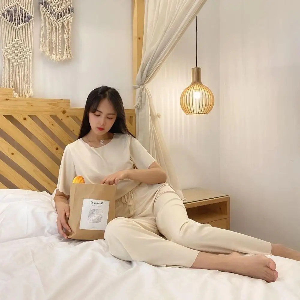 

Summer Thin Viscose Fiber Loose Wide Leg Pants 2 Pcs Leisure Fashion Pajamas Set Comfortable Home Wear Suits Plus Size