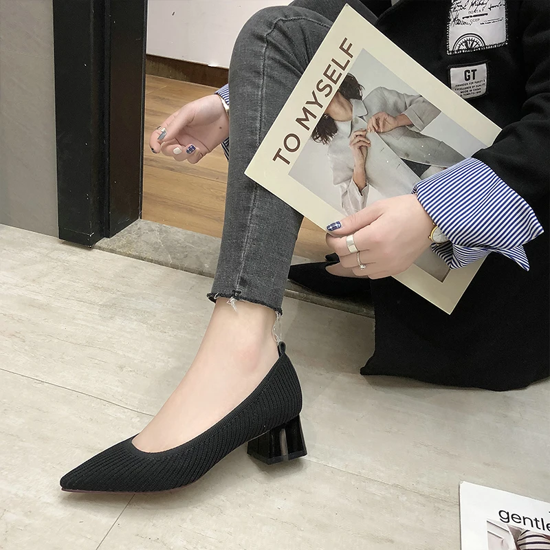 

Women Pumps 4cm Heel Fly Weaving Wedding Shoes Bride Office Lady Shoes Breathable Closed Toe Footwear