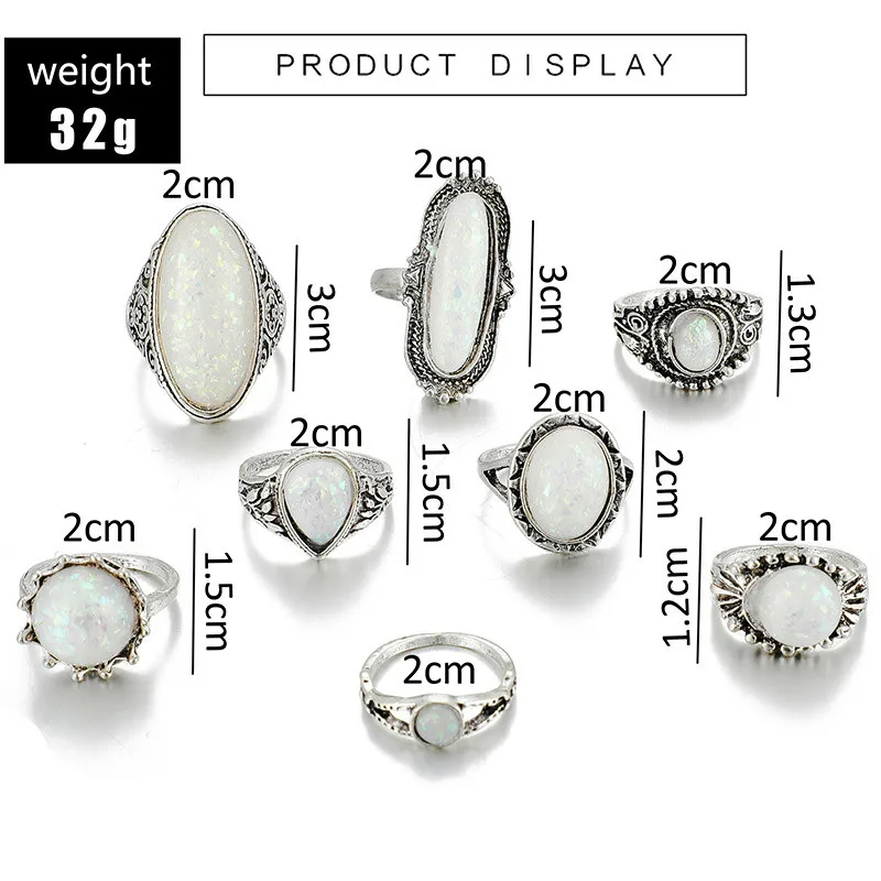 

8pcs/Set Vintage Silver Color Rings Sets For Women Colorful Opal Stone Carve Bohemian Gem Finger Rings Fashion Jewelry Accessory