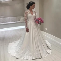 vintgae long sleeves satin wedding dresses 2019 sexy v neck floor length lace appliques satin summer spring garden bridal gowns