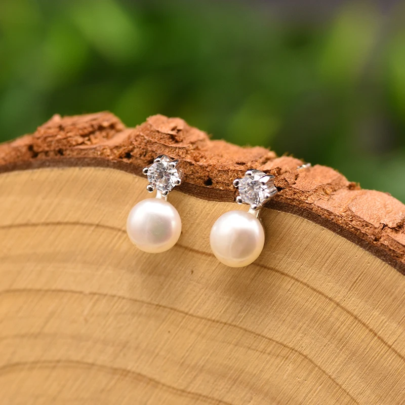 GLSEEVO Silver 925 Fresh Water White Pearl Zircon Earrings For Women Luxury Engagement Gift Handmade Regalos Para Mujer GE0864