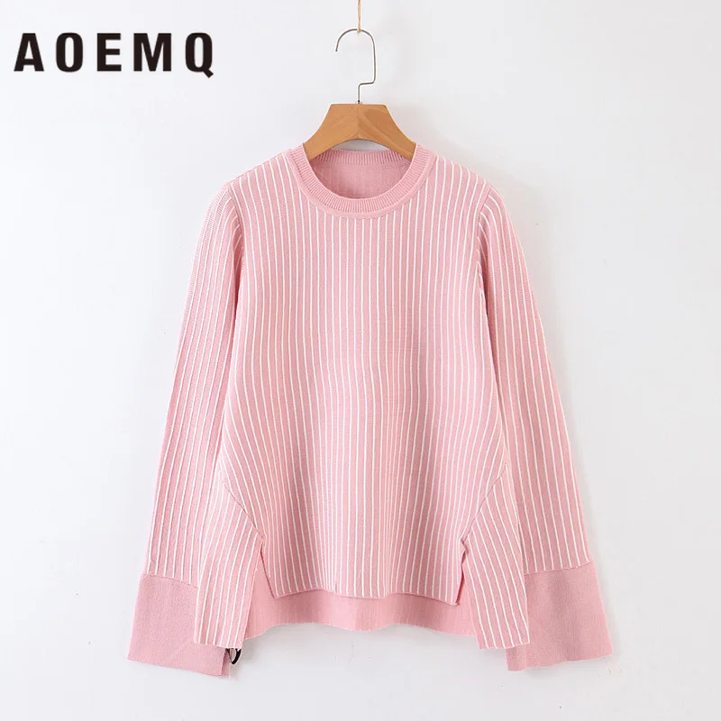 AOEMQ Sweaters Shirts Black Striped Simple Shirt Bow-Sweater Loose Coffee Office Lady Wear Winter Sweater Women Clothing | Женская