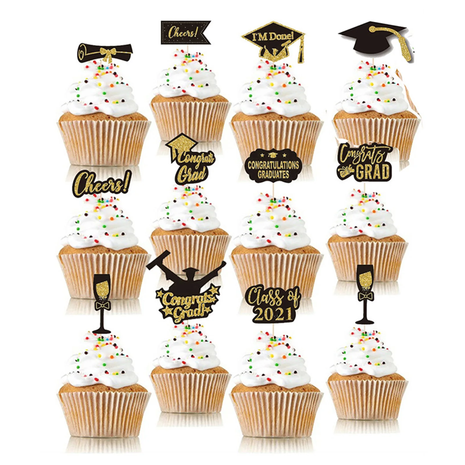

Hot 12PCS 2021 Graduation Cupcake Toppers Wrappers Congrats Grad Party Supplies Cake Decorations