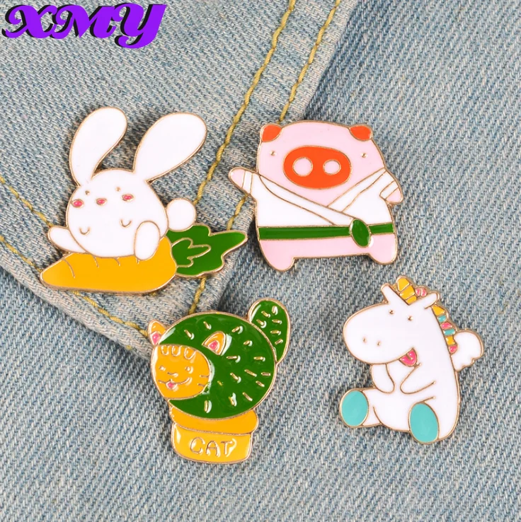 

Funny Animals Enamel Pins Rabbit Cat Cactus Pig Horse Brooches Bag Lapel Pin for Clothes Badge Cartoon Fun Jewelry Gift for Kids