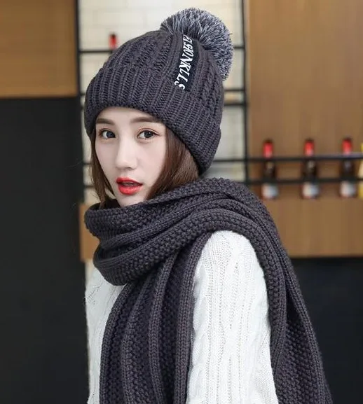 2 шт. шарф шапка набор женские зимние теплые однотонные помпоны вязаные мягкие