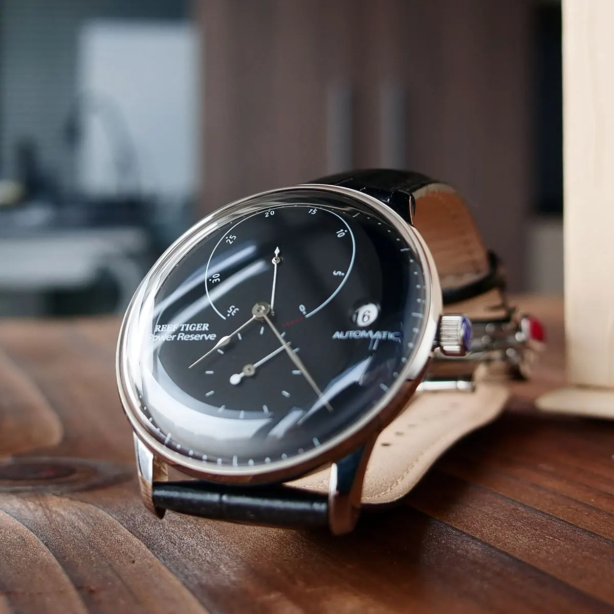 Мужские водонепроницаемые автоматические часы с ремешком из натуральной