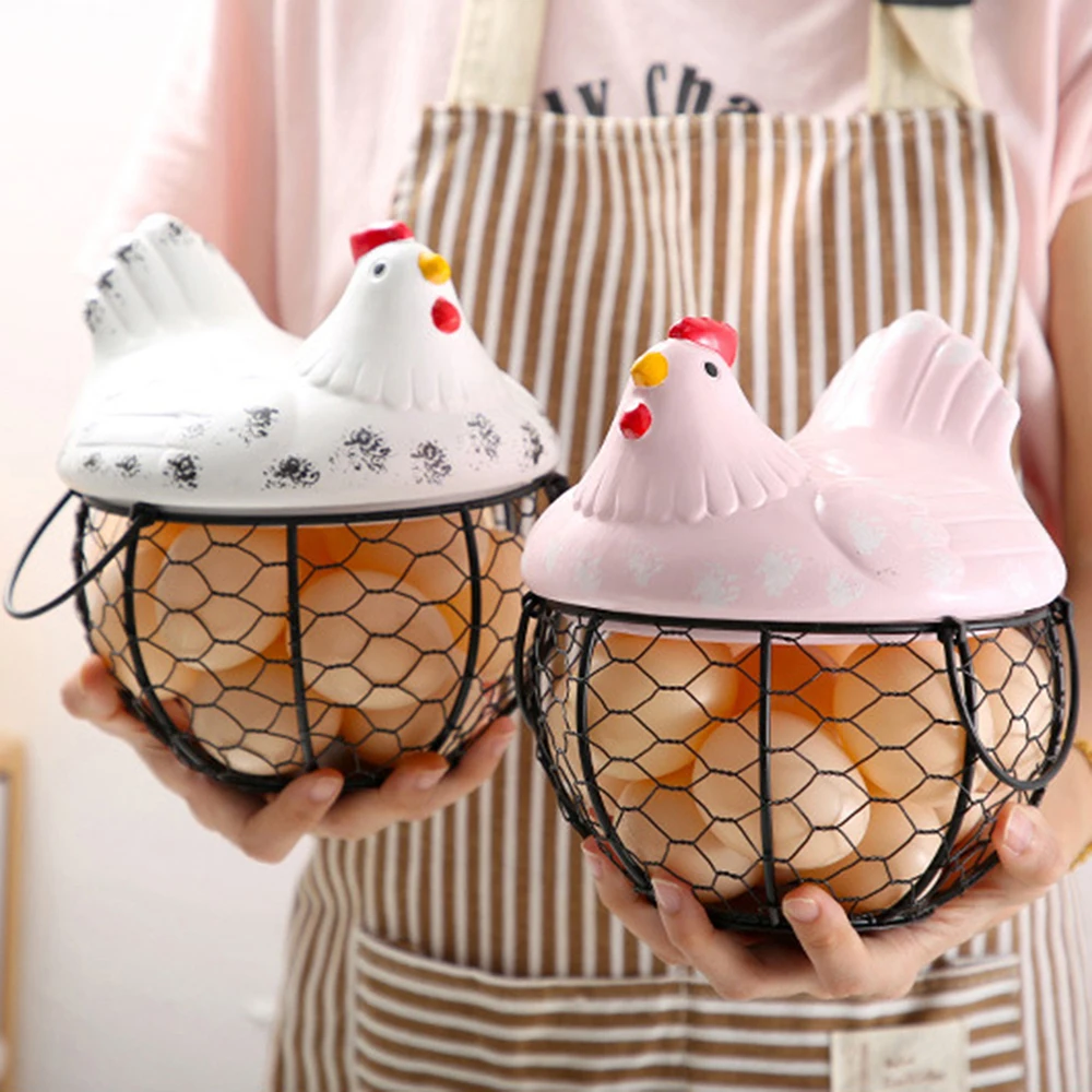 

Ceramic Iron Egg Storage Basket Snack Fruit Basket Collection Hen Ornaments Decoration Kitchen Organizer Rack Basket