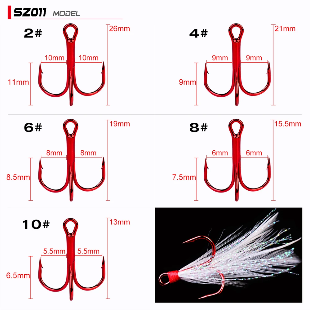 

500pcs/lot New Fishhook High Carbon Steel Treble Hooks 2#/4#/6#/8#10# Black / Red Color Fishing Hook with Feather Fishing Tackle
