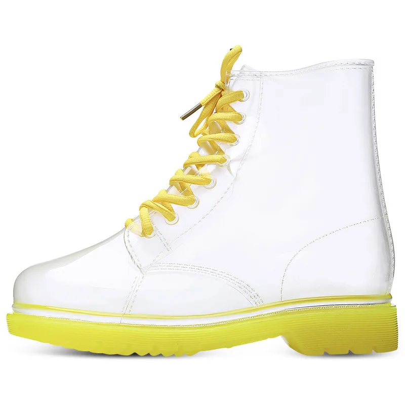 

Fashion Women Rain Boots Mature Ladies Lace-up Waterproof Ladies Shoes Transparent Candy Color Soles Outdoor Girl Shoes