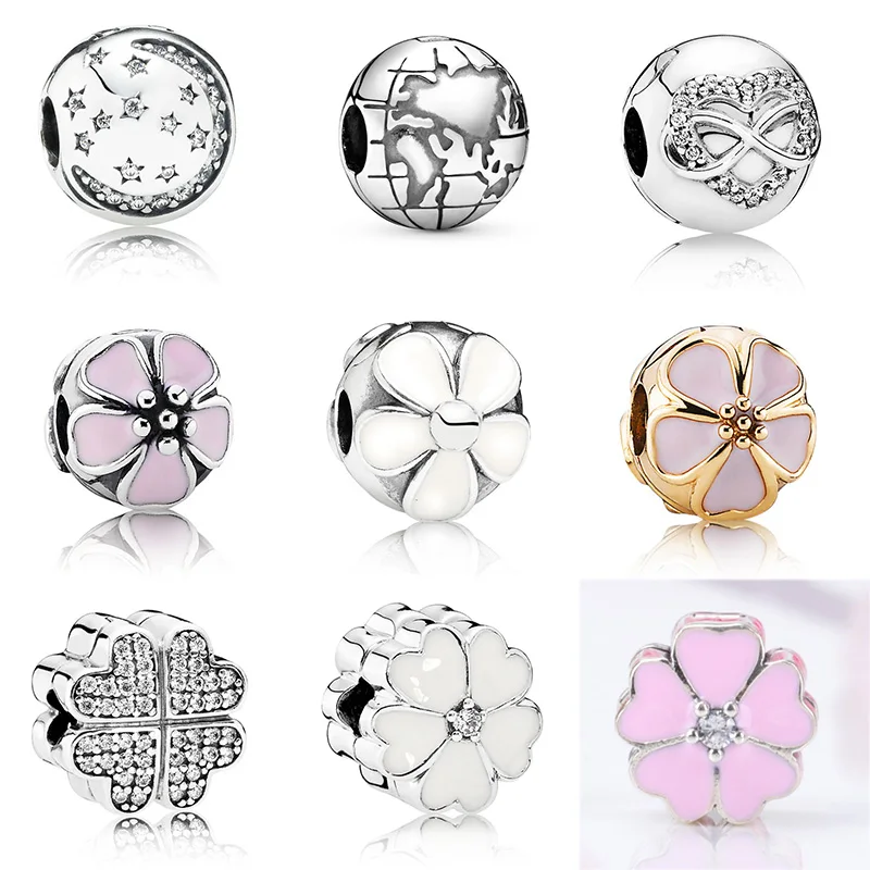 

925 Sterling Silver Beads Four Leaf Clover Clip Stopper Crystal For Original Pandora Charms Women Bracelets & Bangles Jewelry