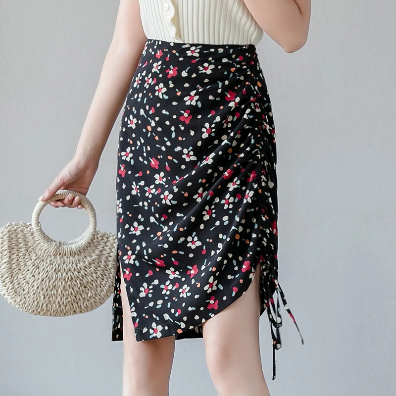 

Floral Print Summer Chiffon Skirt Women High Waist Lace Up Pencil Skirt Plus Size Split Vintage Mini Skirt Drawstring Boho Beach