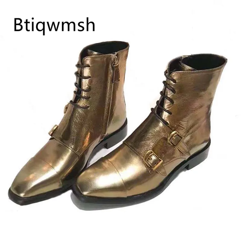 Женские кожаные ботильоны золотистого цвета с квадратным носком двойной пряжкой