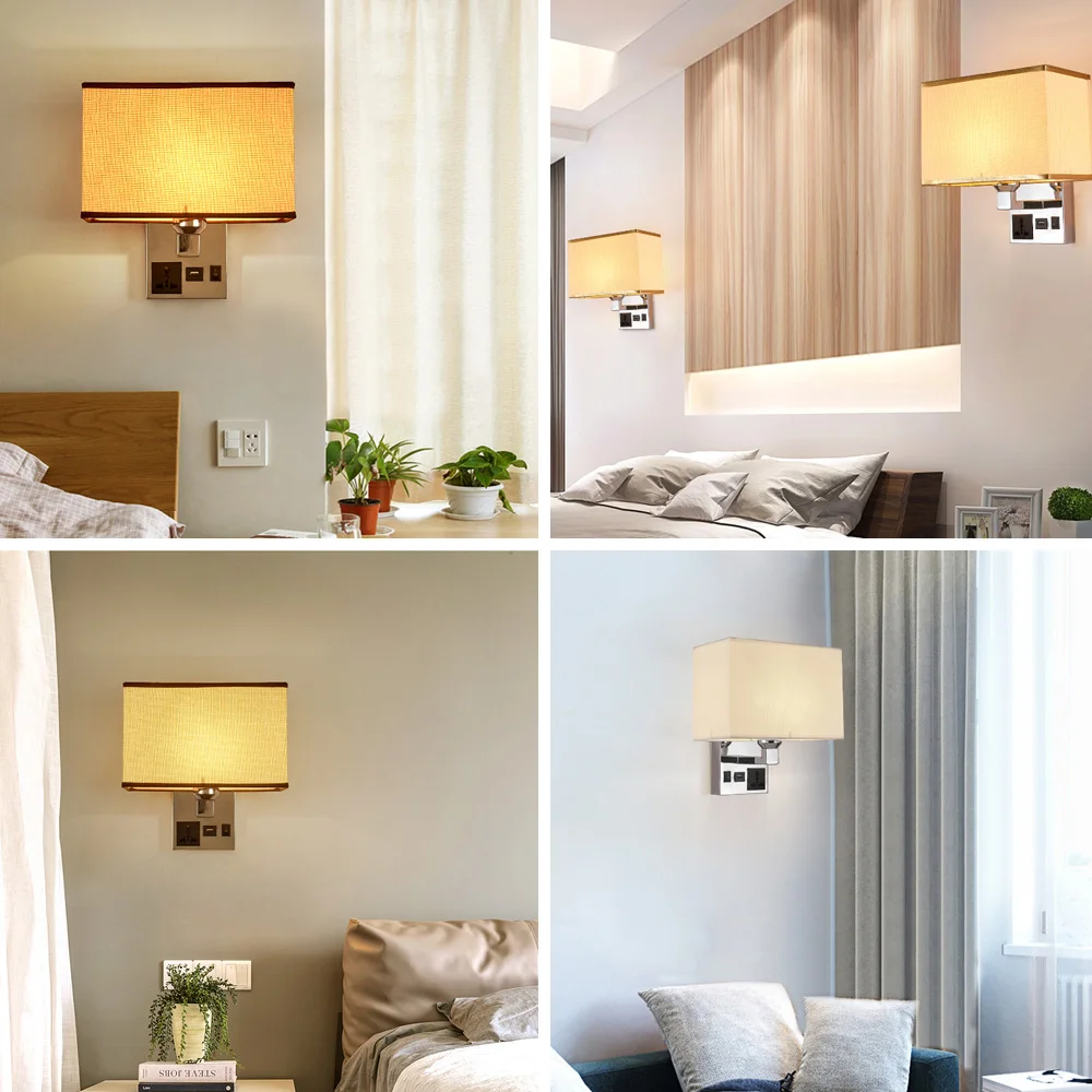 

Adjustable E27 LED Bulb Wall Lamp Switch USB Socket Fabric Bedroom Bedside Living Room Modern Home Wall light