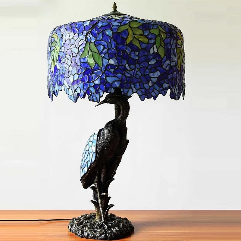 FUMAT Tiffany Quality Living Room European Stained Glass Wisteria Table Lamp Crane Bird Resin Stand Luxury Lamps | Лампы и освещение