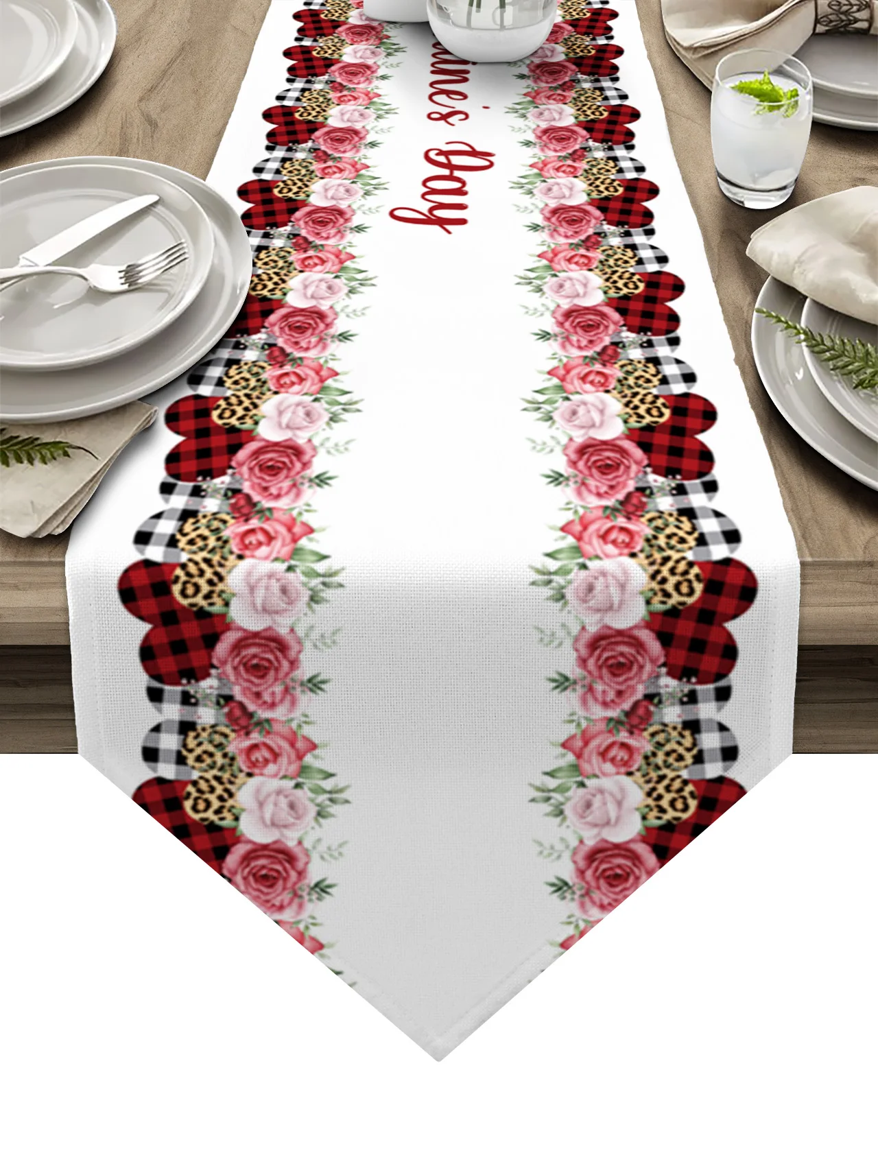 

Valentine'S Day Red Plaid Love Heart Rose Table Runner Wedding Party Tablecloth Coffee Dinning Table Decoration Table Runner
