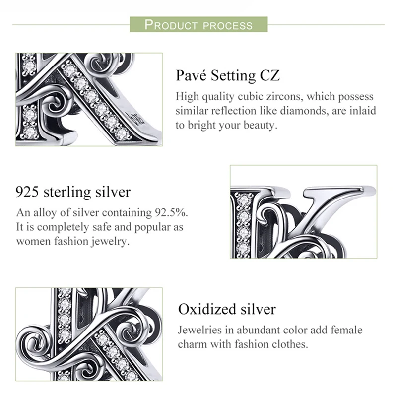 

Fashion 925 Sterling Silver DIY Jewelry Women Letter K Alphabet Beads Charm For Bracelets & Necklaces Best Valentine's Day Gift