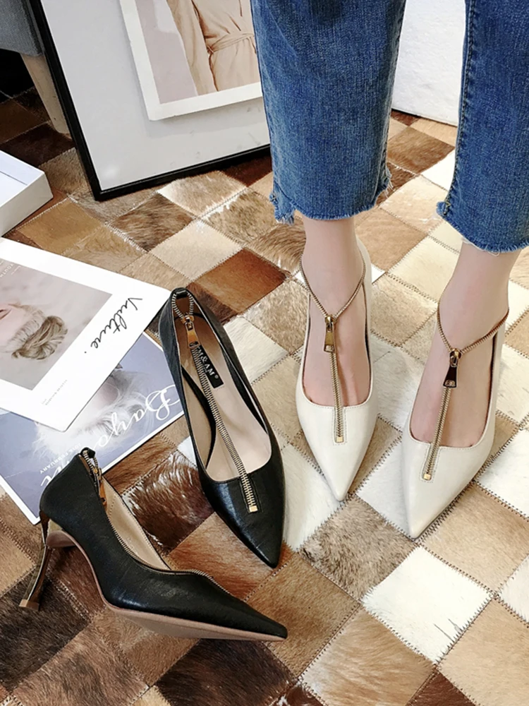 

Women's shoes pointed toe high heels with spring 2020 new metal zipper pumps