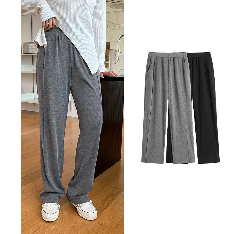 61465 Women’s Knitted Pants Fashion Wide Leg Straight Loose Pit Stripes Pocket High Waist Female Casual Knitwear Trousers Autumn
