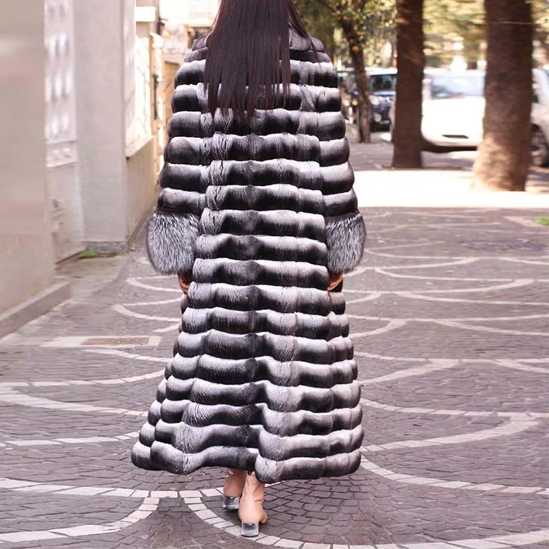2022 Winter Real Rex Rabbit Fur Coat Lapel Collar 130cm Long Women Genuine Rex Rabbit Fur Coats with Silver Fox Fur Sleeve Cuffs