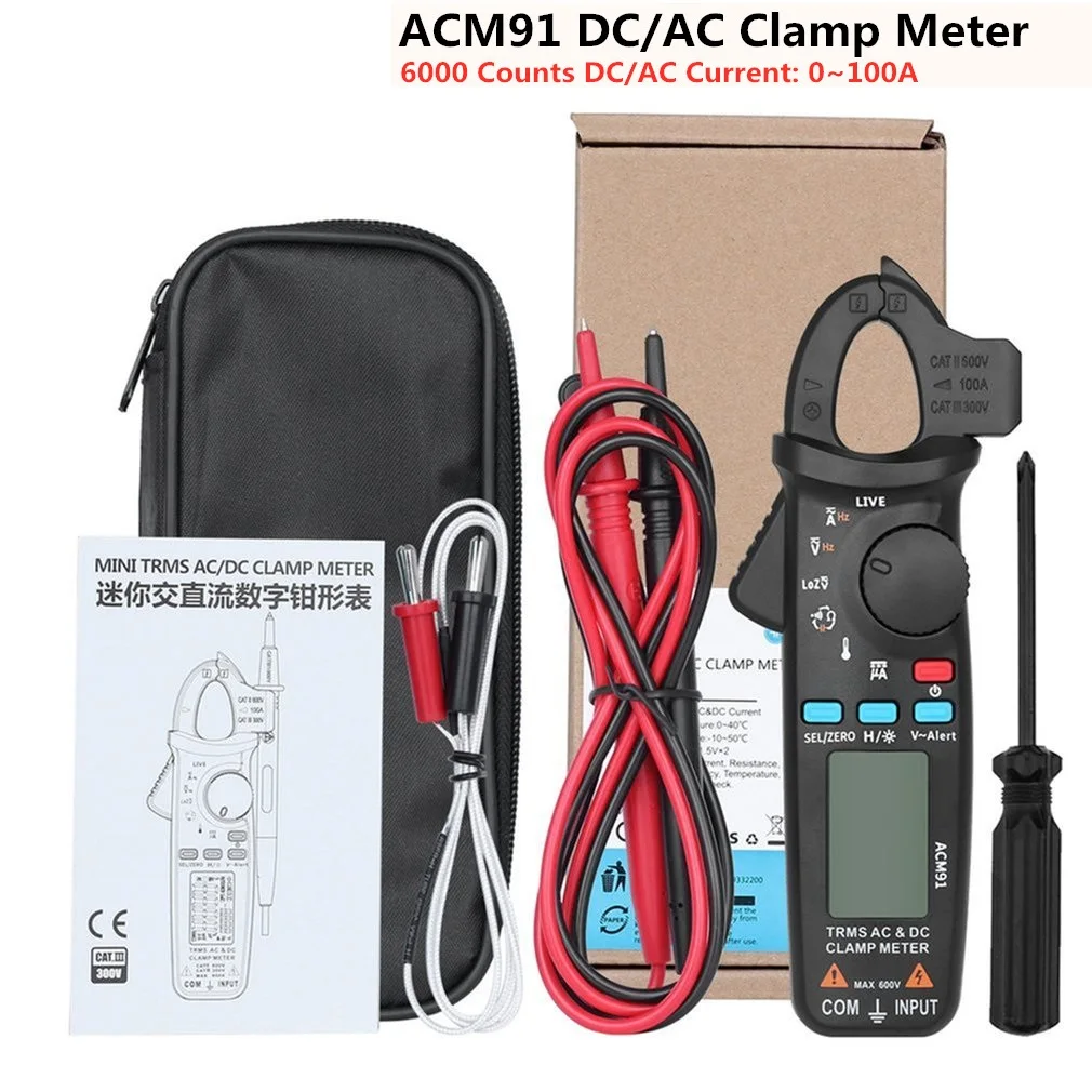 

ACM91 Digital Clamp Meter AC/DC Current 1mA True RMS Auto Range Live Check NCV Temp Frequency Capacitor Tester Multimeter