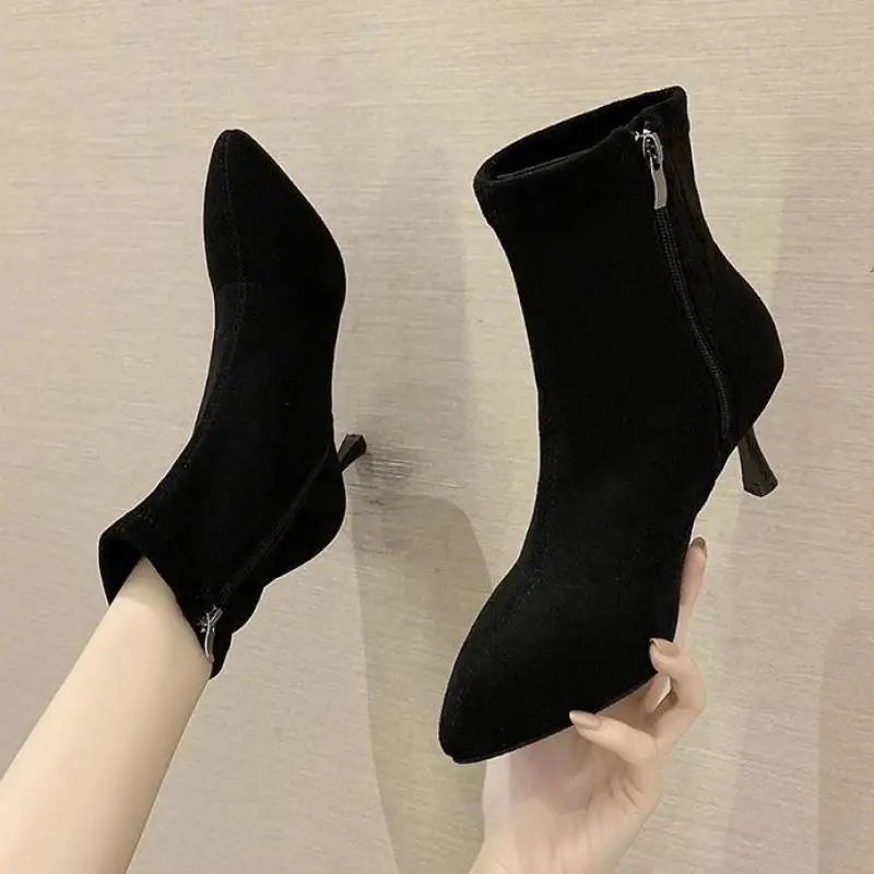 

Женские ботинки на шпильке, сезон осень-зима 2022, пикантные Ботильоны на молнии с острым носком, зимние ботинки