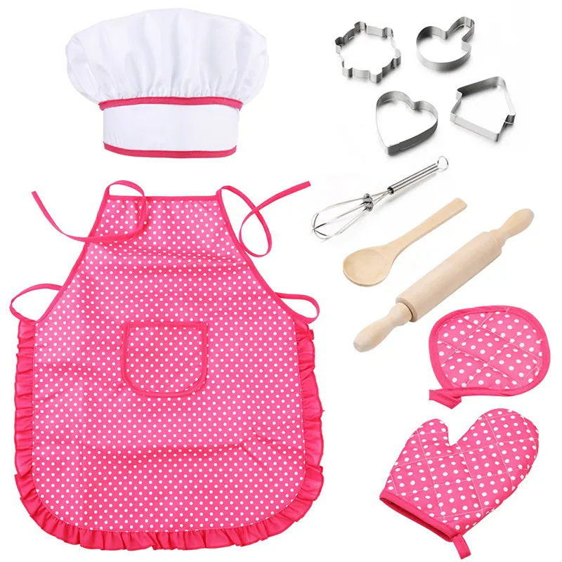 

11 Pcs Kids Cooking Baking Set Apron for Little Girls Chef Hat Mitt & Utensil for Toddler Dress Up Chef Costume Role Play