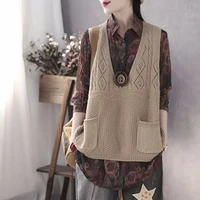 v neck retro literary sweater vest female pocket decoration diamond lattice sleeveless mid length sweater vest women spring