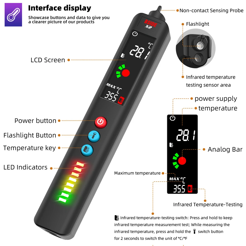BSIDE X1 X2 Digital Smart Multimeter Infrared Thermometer AC/DC 500/600V LCD HD Display Electric Pen Voltage Sensor Detector | Инструменты