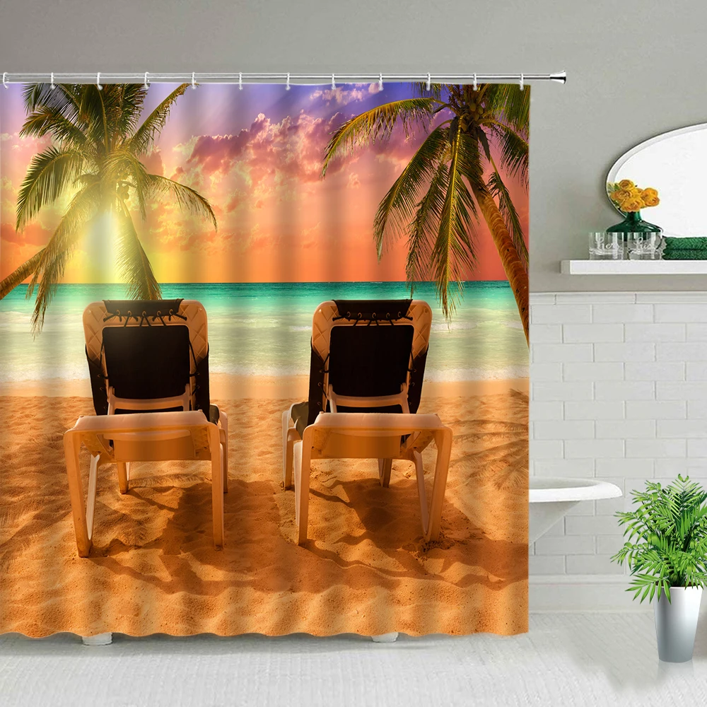 

Sunlight Ocean Beach Vacation Scenery Shower Curtain Coconut Tree Sea Surfboard Landscape Bathroom Curtain Bath Screen With Hook
