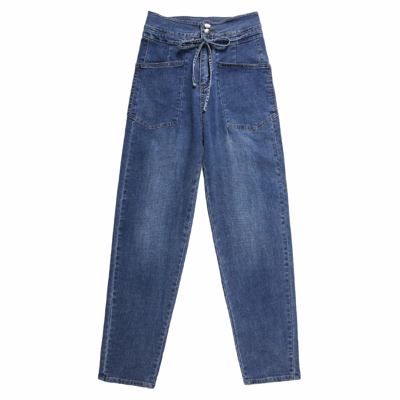 Женские длинные джинсы с завышенной талией свободные брюки султанки завязкой 2019