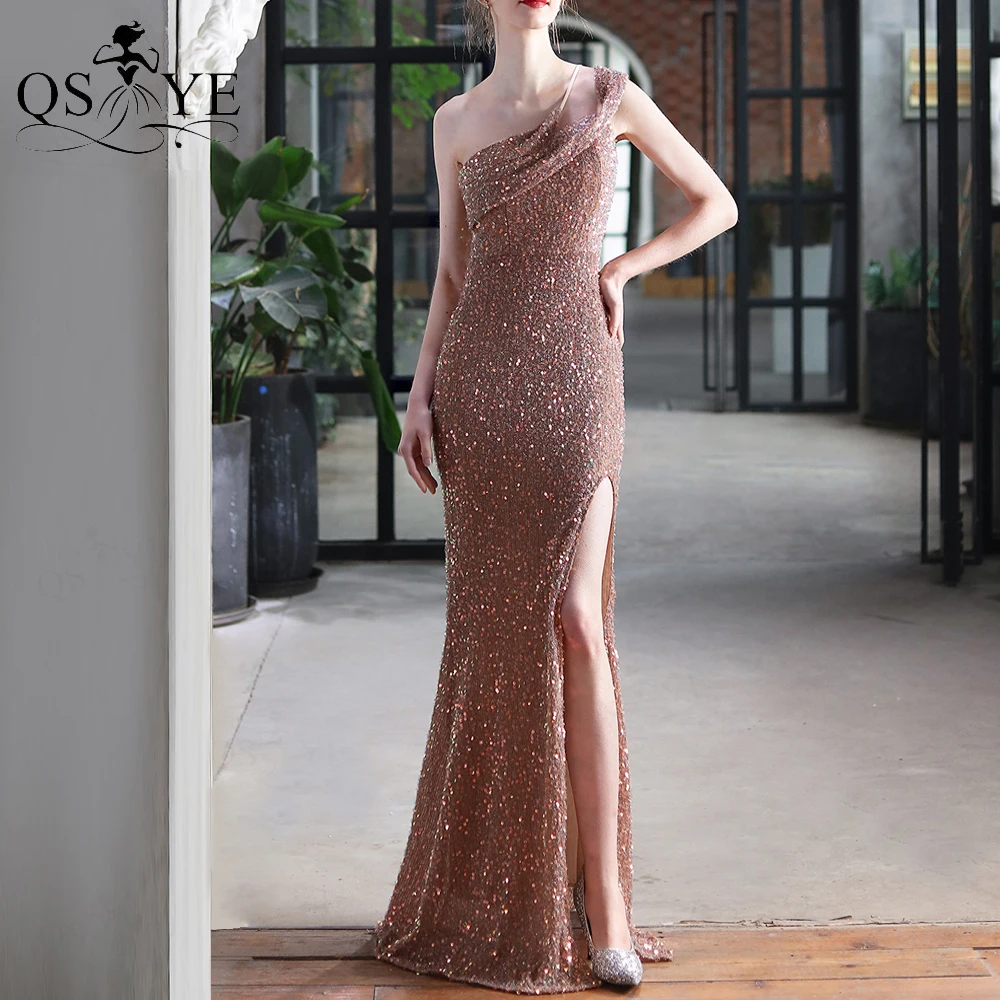 

One Shoulder Black Evening Dress Mermaid Sparkle Sequin Prom Gown Glitter Lace Long Formal Party Women Split Prom Dress Fit