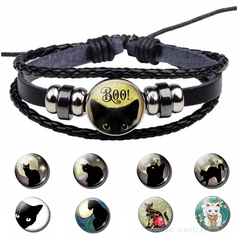 Бу! Черный кожаный браслет в стиле Хэллоуин с кошкой|Браслеты шармами| |