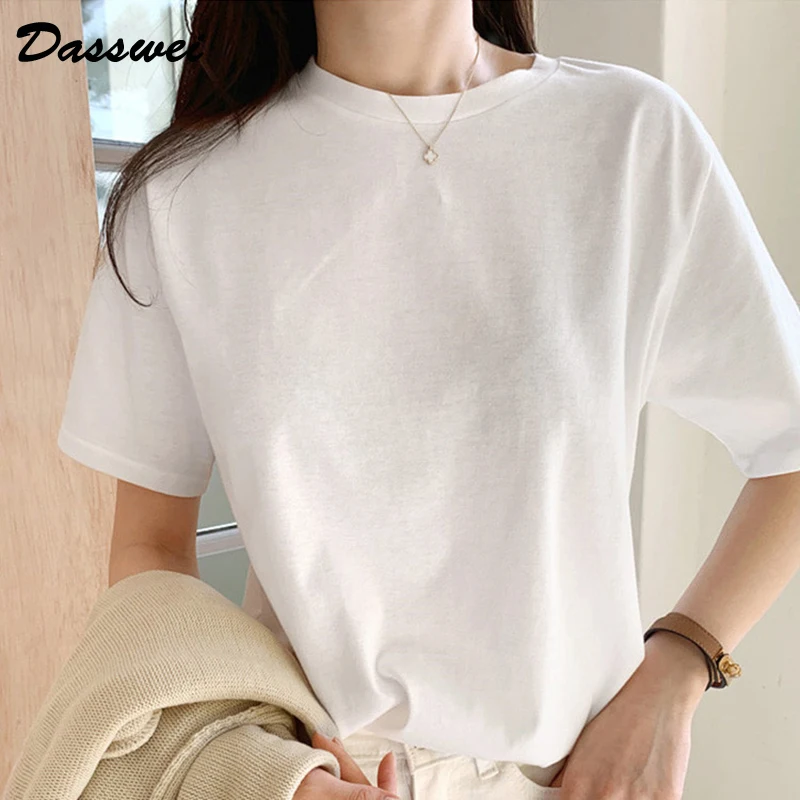 

Модная белая футболка DASSWEI из чистого хлопка 210 г для женщин, топы, повседневные футболки с круглым вырезом и коротким рукавом, летние женски...
