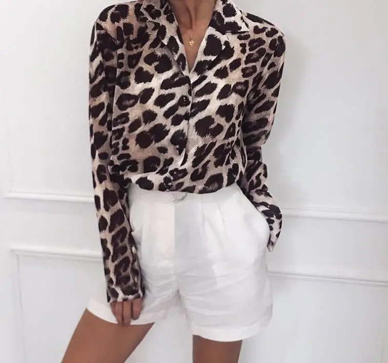 

New women's long-sleeved casual leopard print V-neck chiffon shirt