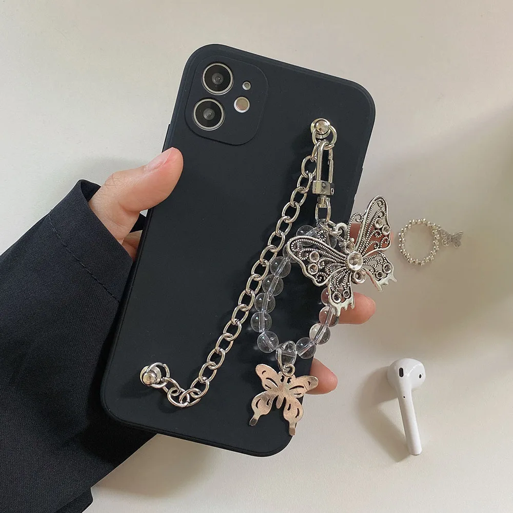 

Wrist Chain Case for iPhone 12 Pro Max 7 8 Plus XR XS Max SE Silicon Cases Iron chain butterfly Chain Hanging Case for iPhone 11