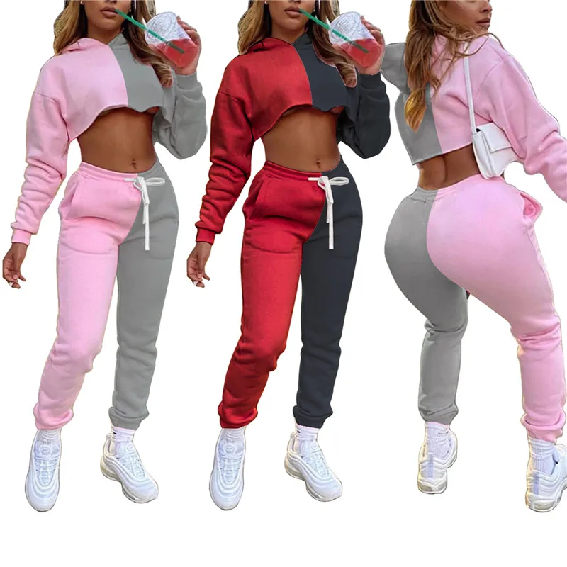 

Женский Повседневный костюм из 2 предметов, укороченная Толстовка с длинным рукавом и брюки-джоггеры, спортивный костюм для фитнеса, осень-в...