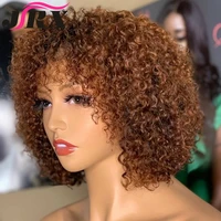 honey blonde short curly bob wigs jerry curly full machine made wigs with bangs natural black color 180 density human hair wigs