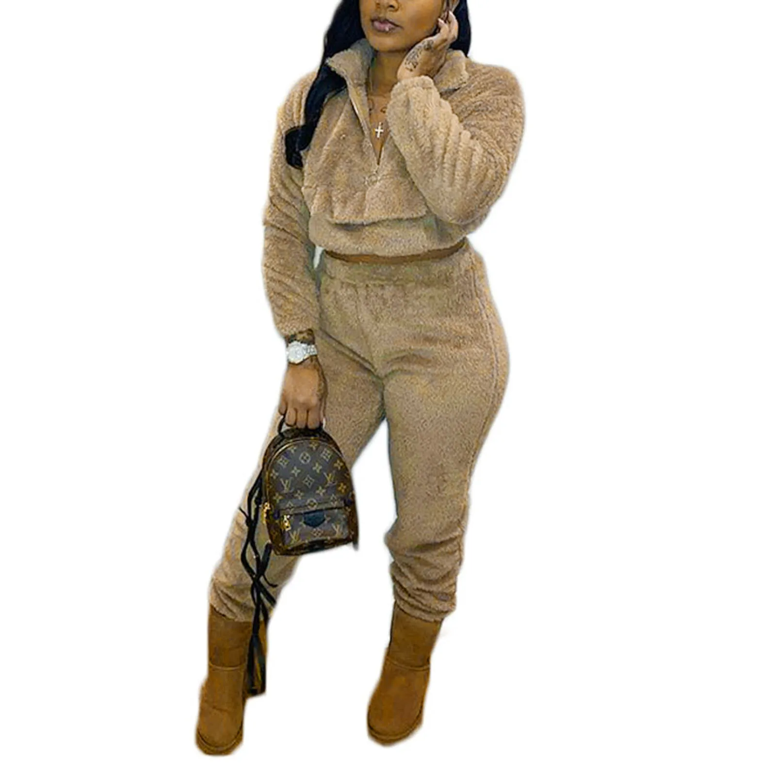 

Women's Long Sleeve Trouser Suit, Solid Color High Collar Plush Set, Casual High Waist Tight Outfits