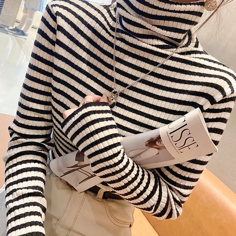 

BOBOKATEER Slim Winter Tops Striped Sweater Woman Clothes Kobieta Swetry Long Sleeve Pull Hiver Femme Knitted Frau Pullover 2021