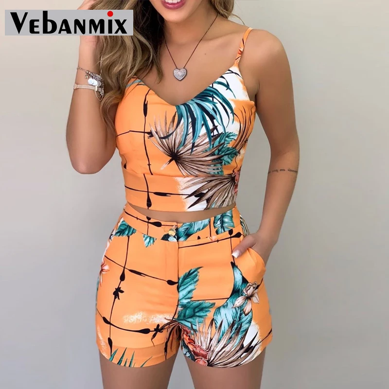 

Casual 2 Piece Outfits for Women 2020 Summer Women Elegant Vacation Print Spaghetti Strap Crop Top & Short Sets