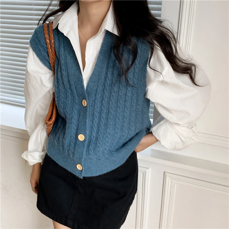 

new 2021 autumn and winter korean style v neck knitted solid color sleeveless vest sweaters womens pullovers womens