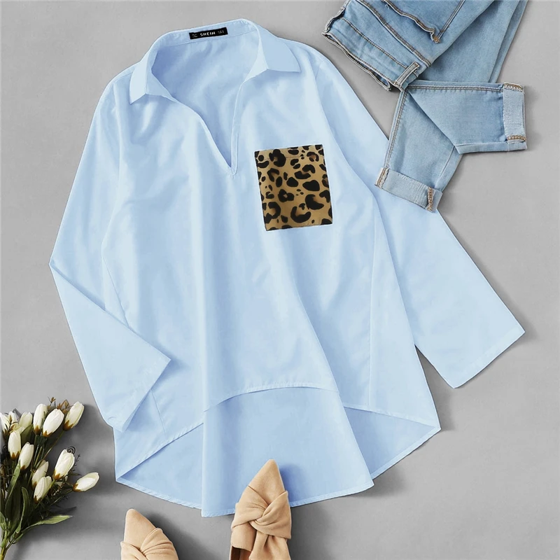 SHEIN женская блузка с леопардовым принтом и карманами, женская одежда, весна, повседневные женские топы с длинным рукавом, одноцветные свободные блузки