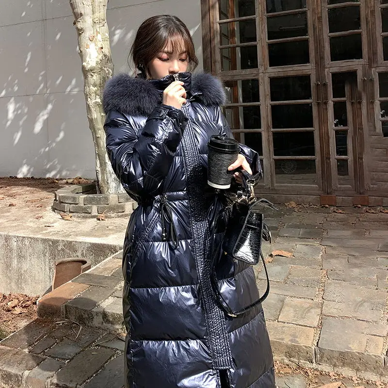 Punk Women Winter Gold Down Cotton Jacket Fashion Glossy Black Hooded Thick Shiny Loose Real Fox fur Warm Parkas Lady Coat |